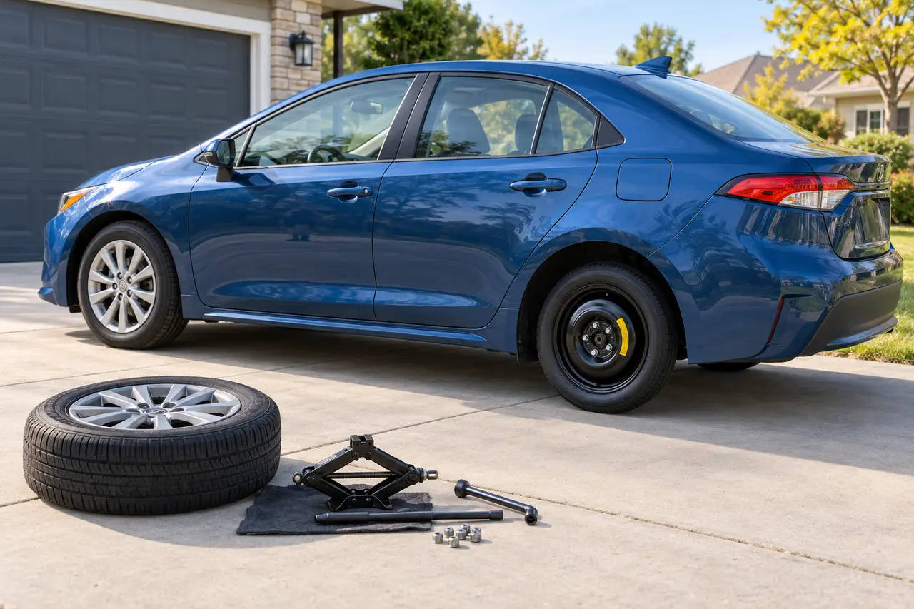 Driver consulting an owner manual beside a car with a compact spare positioned near the rear and a full-size wheel positioned near the front