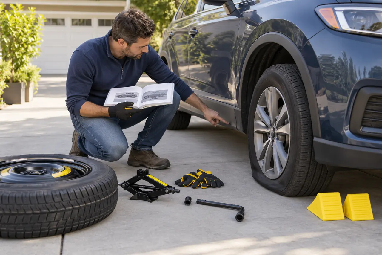 Driver safely changing a wheel on a level driveway while following an open vehicle owner manual