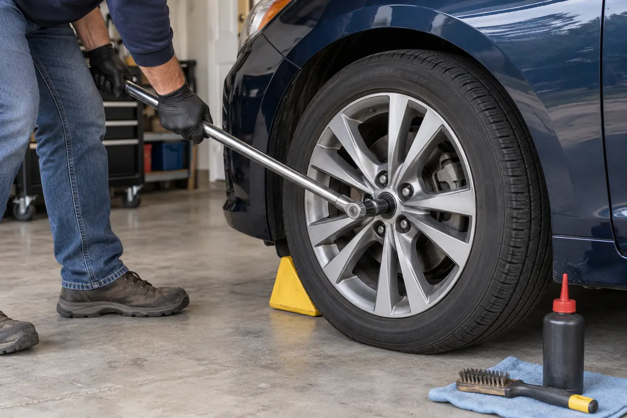 Driver applying smooth controlled pressure to a correctly fitted breaker bar on a wheel fastener while the car remains grounded and chocked