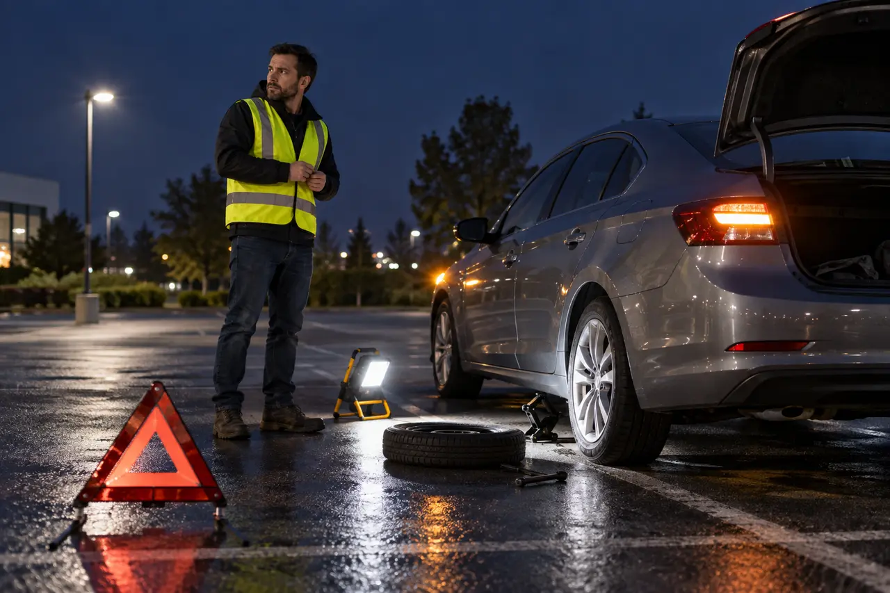 Disabled car in a safe parking area at night with hazards, warning triangle, reflective vest, and work light