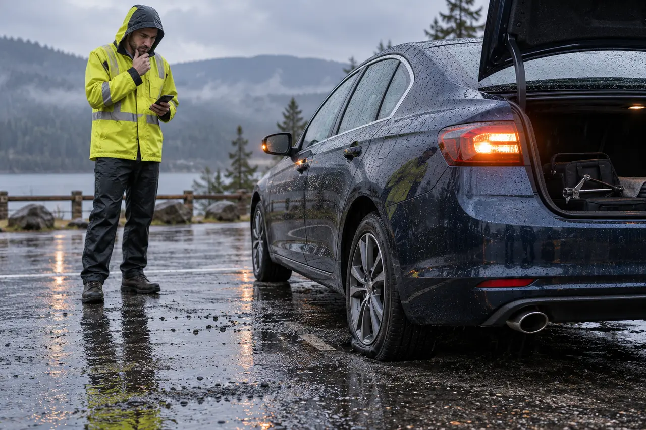Driver in a reflective rain jacket checks wet ground beside a safely parked car with hazard lights on