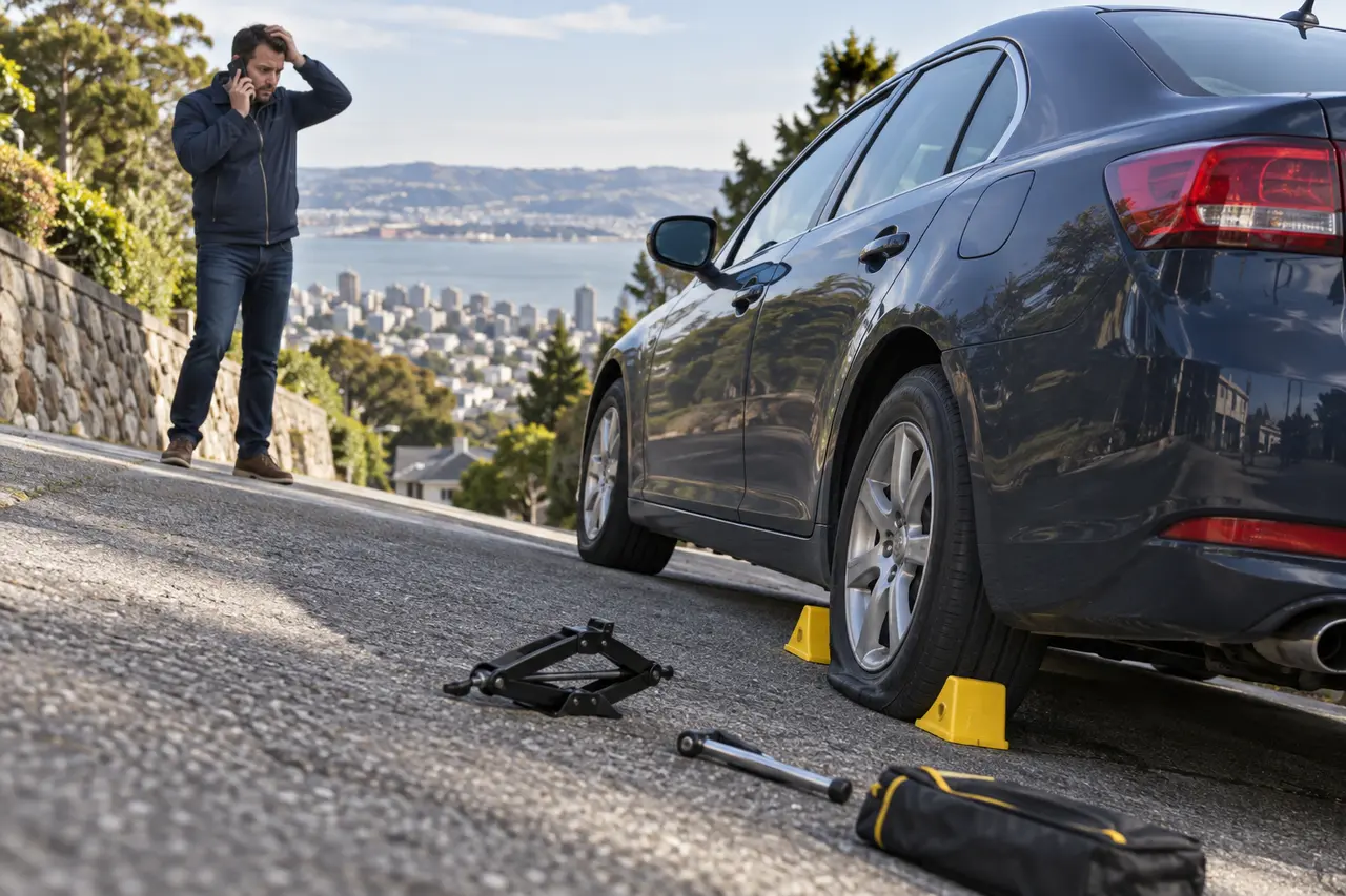 Car with a flat tire stopped on a slope while the driver stays clear and calls for roadside help