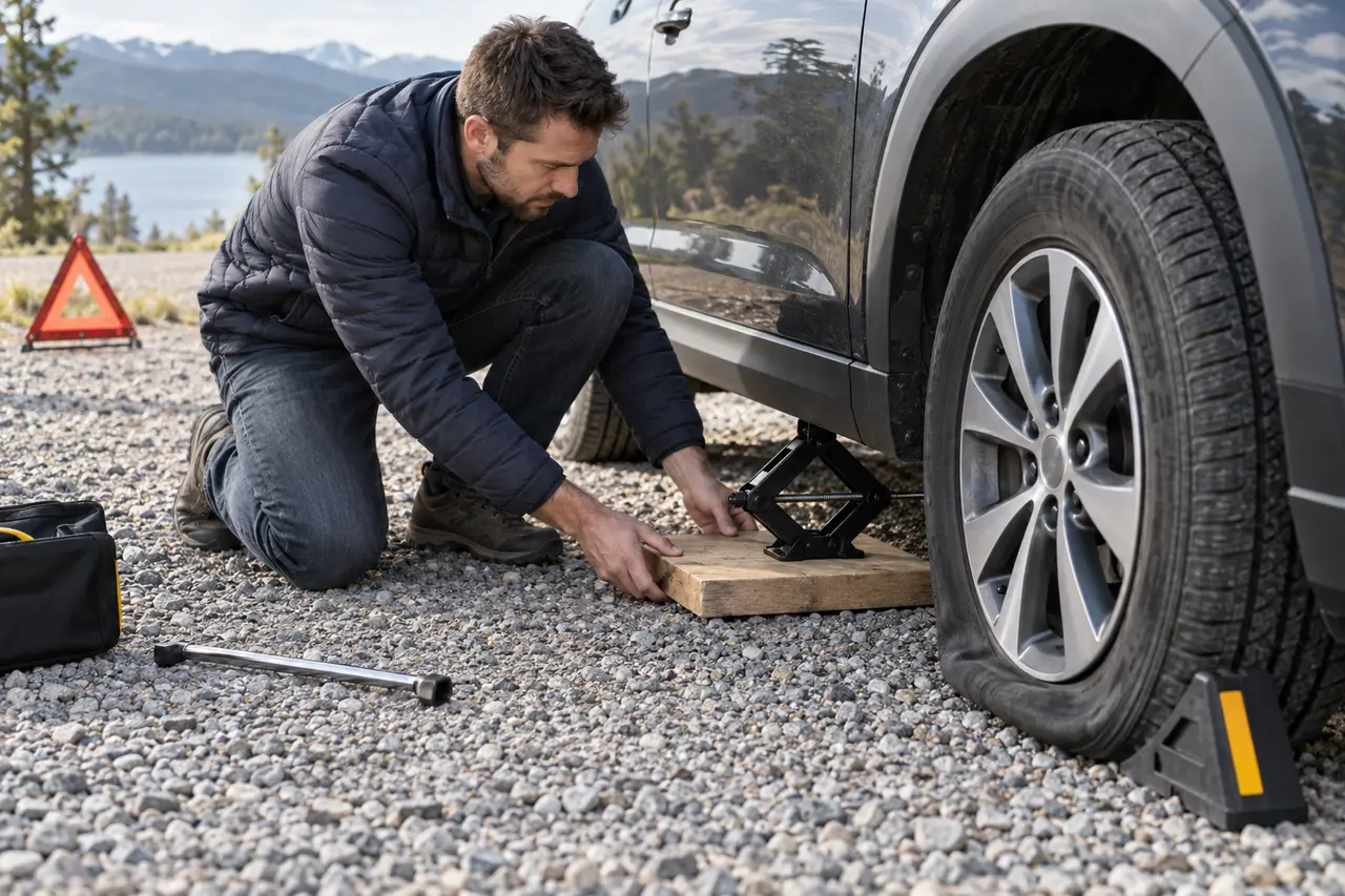 Driver checks a broad solid jack base on level gravel before lifting a chocked vehicle