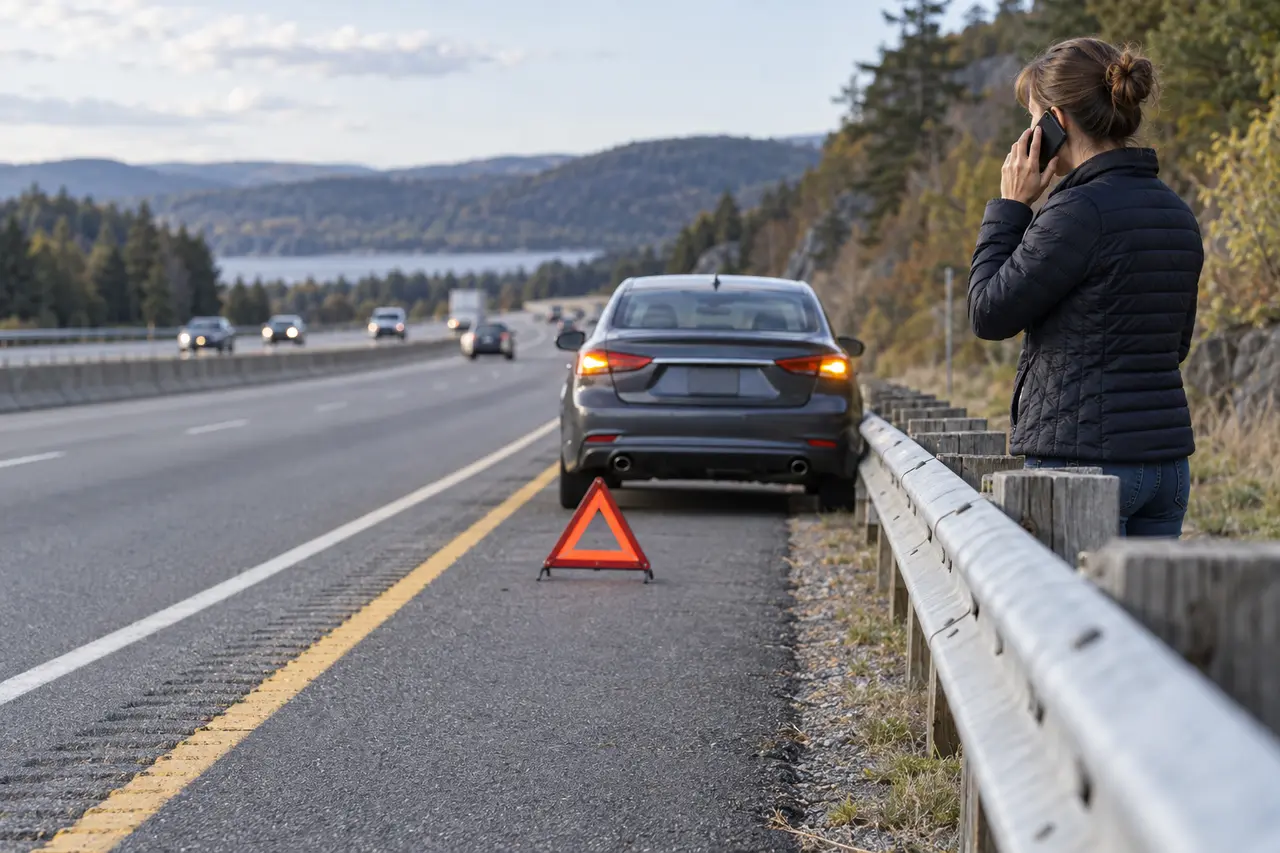 Disabled car on a wide highway shoulder with hazard lights and warning triangle while the driver waits safely behind a guardrail
