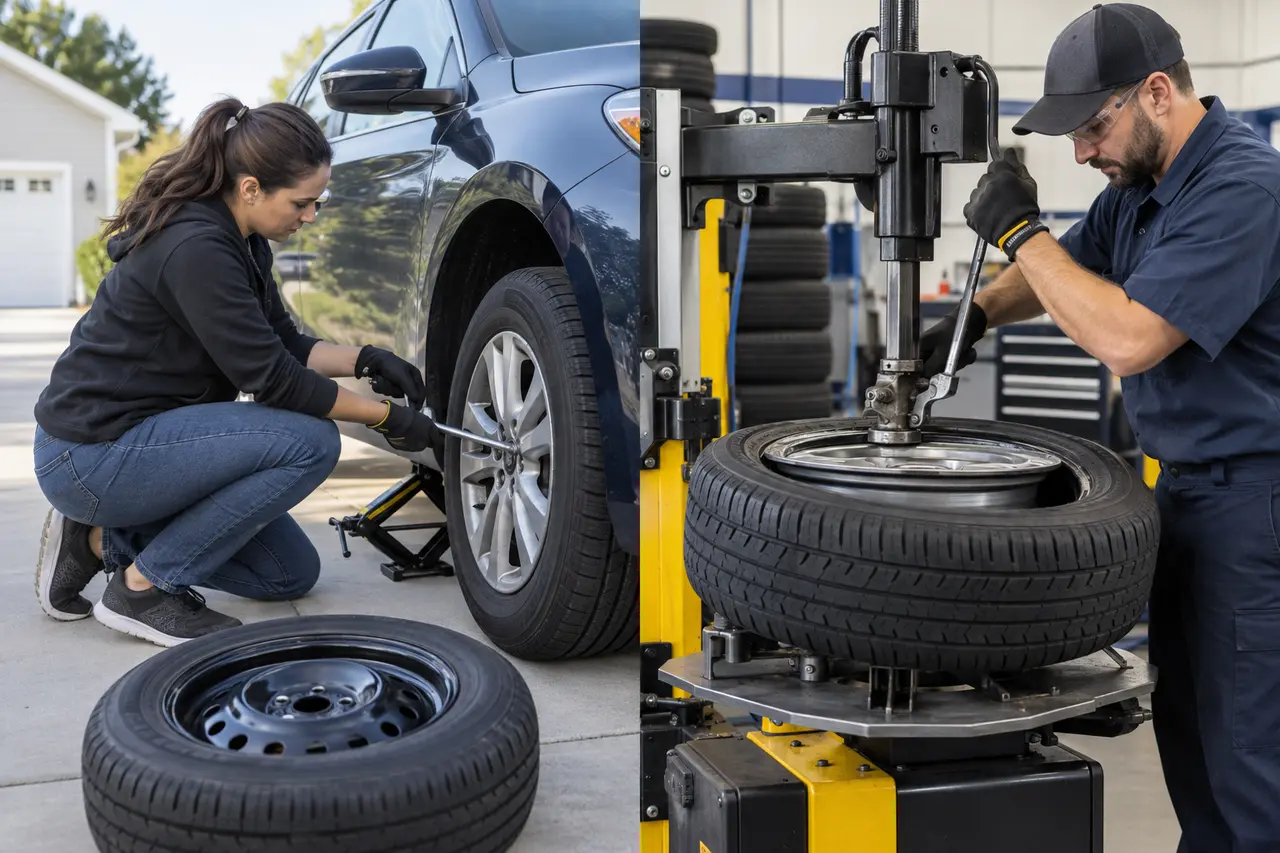 Split workshop scene showing a complete spare wheel swap beside a car and a technician mounting a tire on a rim with shop equipment