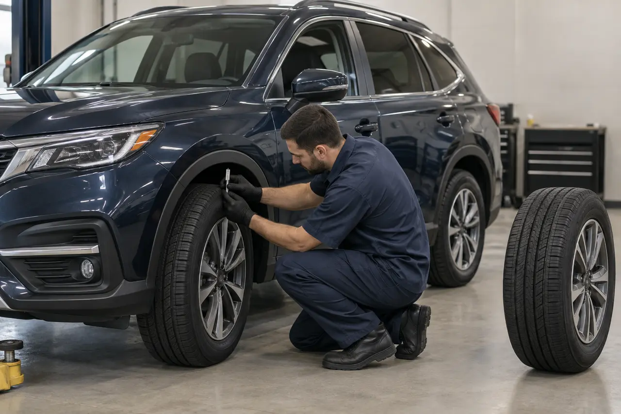 Technician measures tread depth on an all-wheel-drive crossover while comparing a matching replacement tire