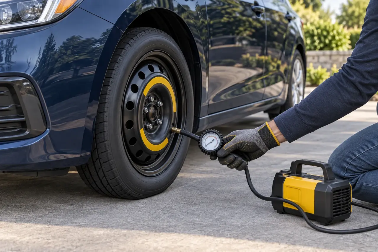 Illustration of a driver checking the pressure of an installed compact spare with a tire pressure gauge