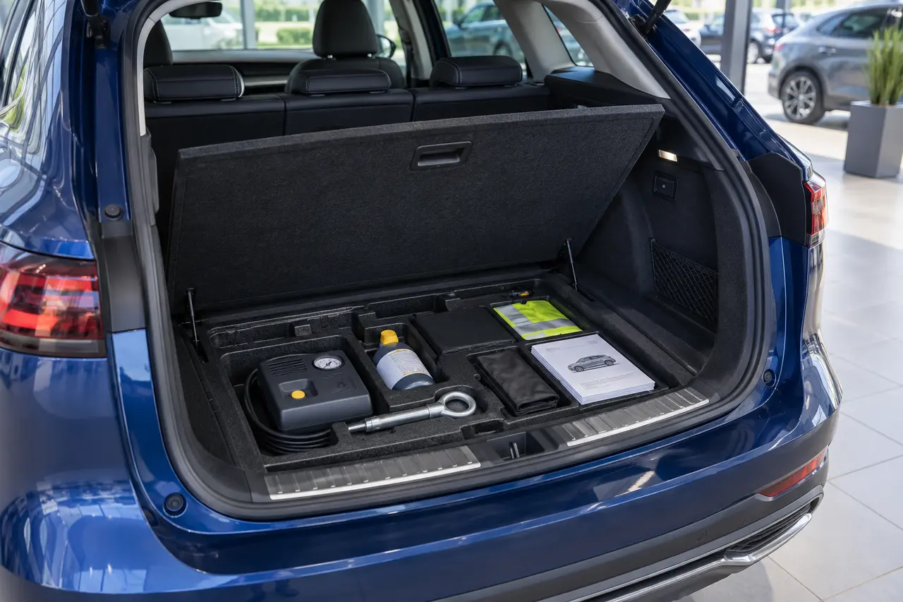 Modern car cargo tray containing a tire inflator, sealant bottle, towing eye, safety vest, and owner manual but no spare wheel