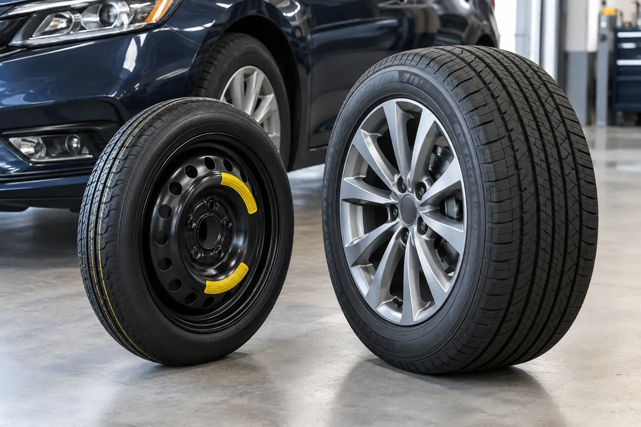 Compact donut spare with a narrow black steel wheel beside a full-size road tire and alloy wheel in a clean garage