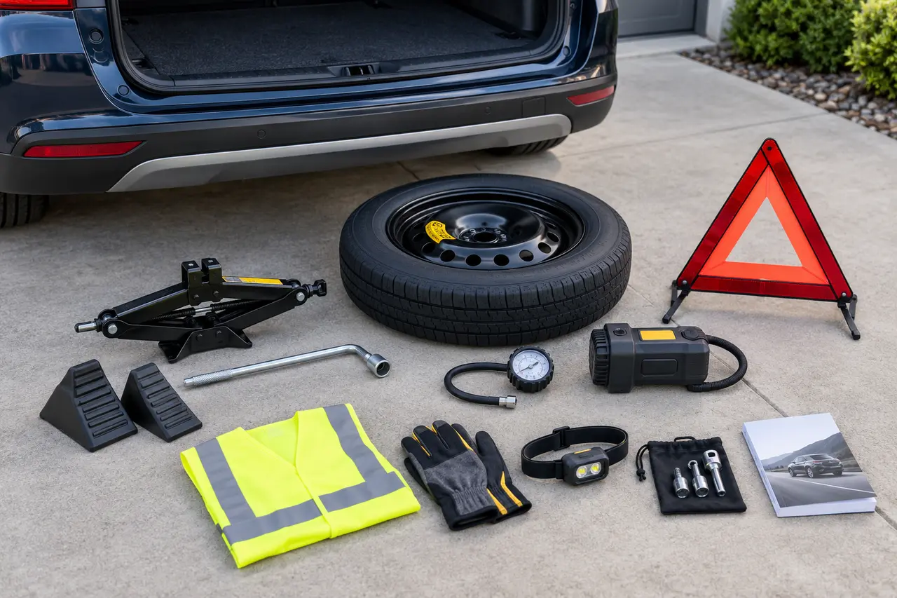 Complete emergency tire change kit with a spare wheel, jack, lug wrench, wheel chocks, inflator, pressure gauge, vest, gloves, headlamp, warning triangle, wheel-lock key, and manual