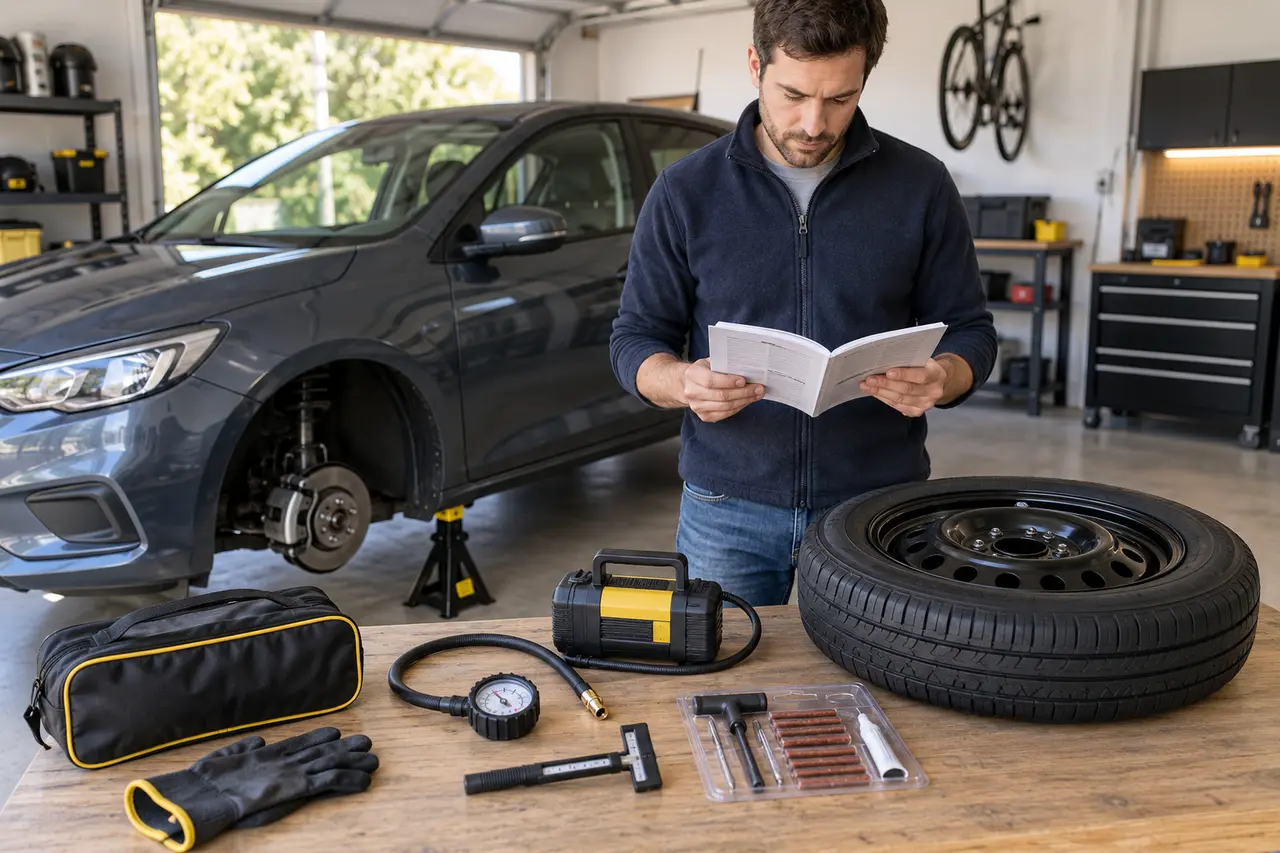 Organized flat-tire care station with gauge, inflator, spare, repair examples, tread gauge, and inspection light