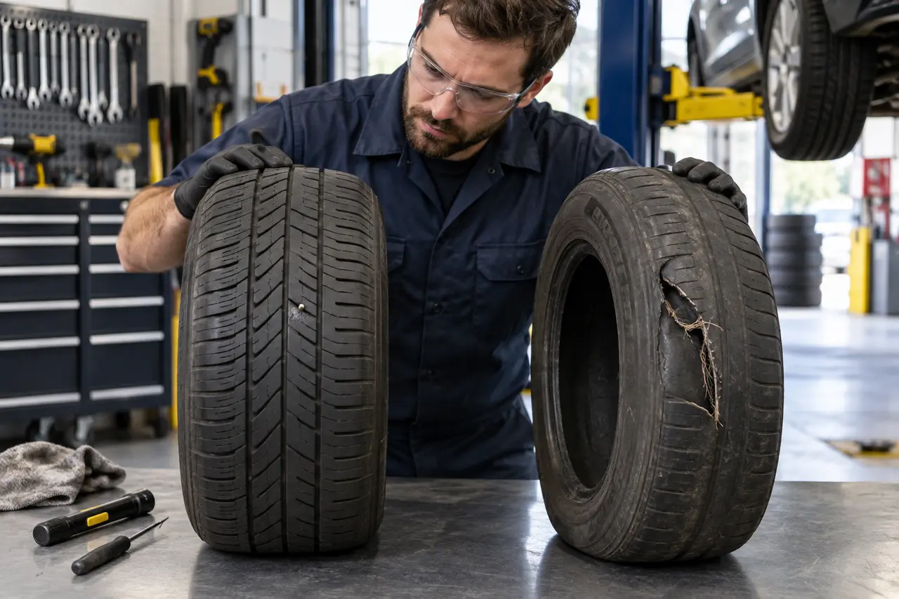 Tire professional compares a repairable tread puncture with a sidewall-damaged tire that needs replacement