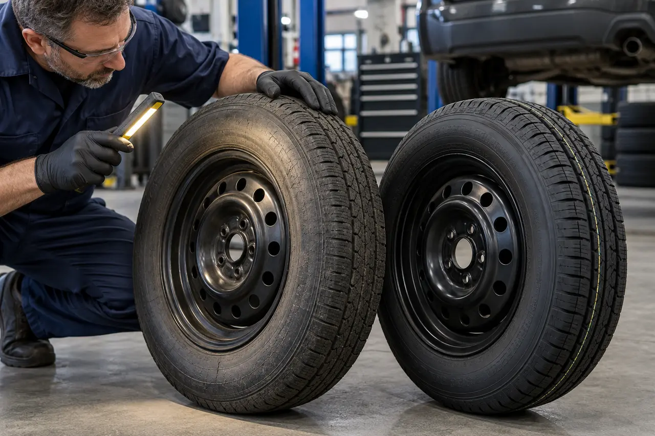 Technician comparing an older spare tire with weather cracking against a newer serviceable spare under a bright inspection light