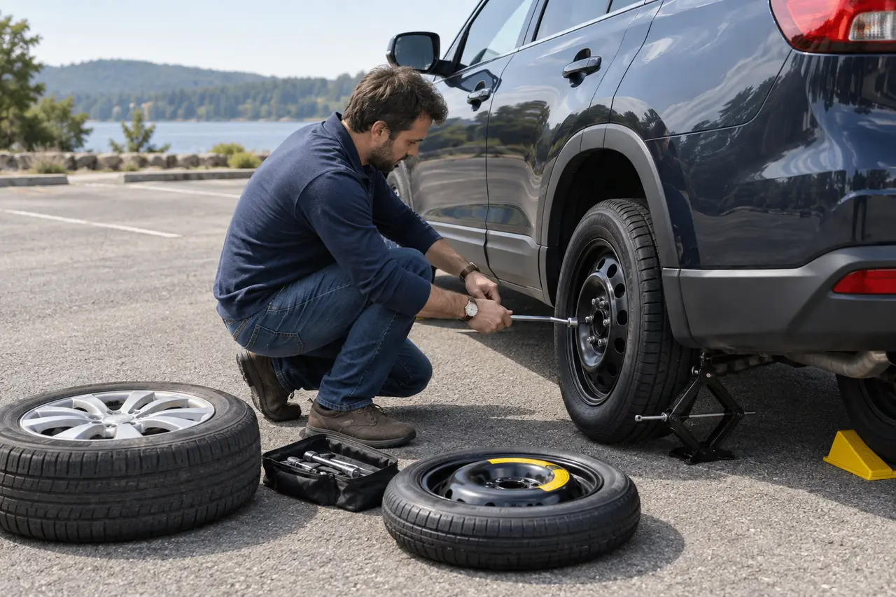 Driver changing a wheel on a level driveway with a spare, jack, lug wrench, wheel chocks, and wristwatch visible nearby