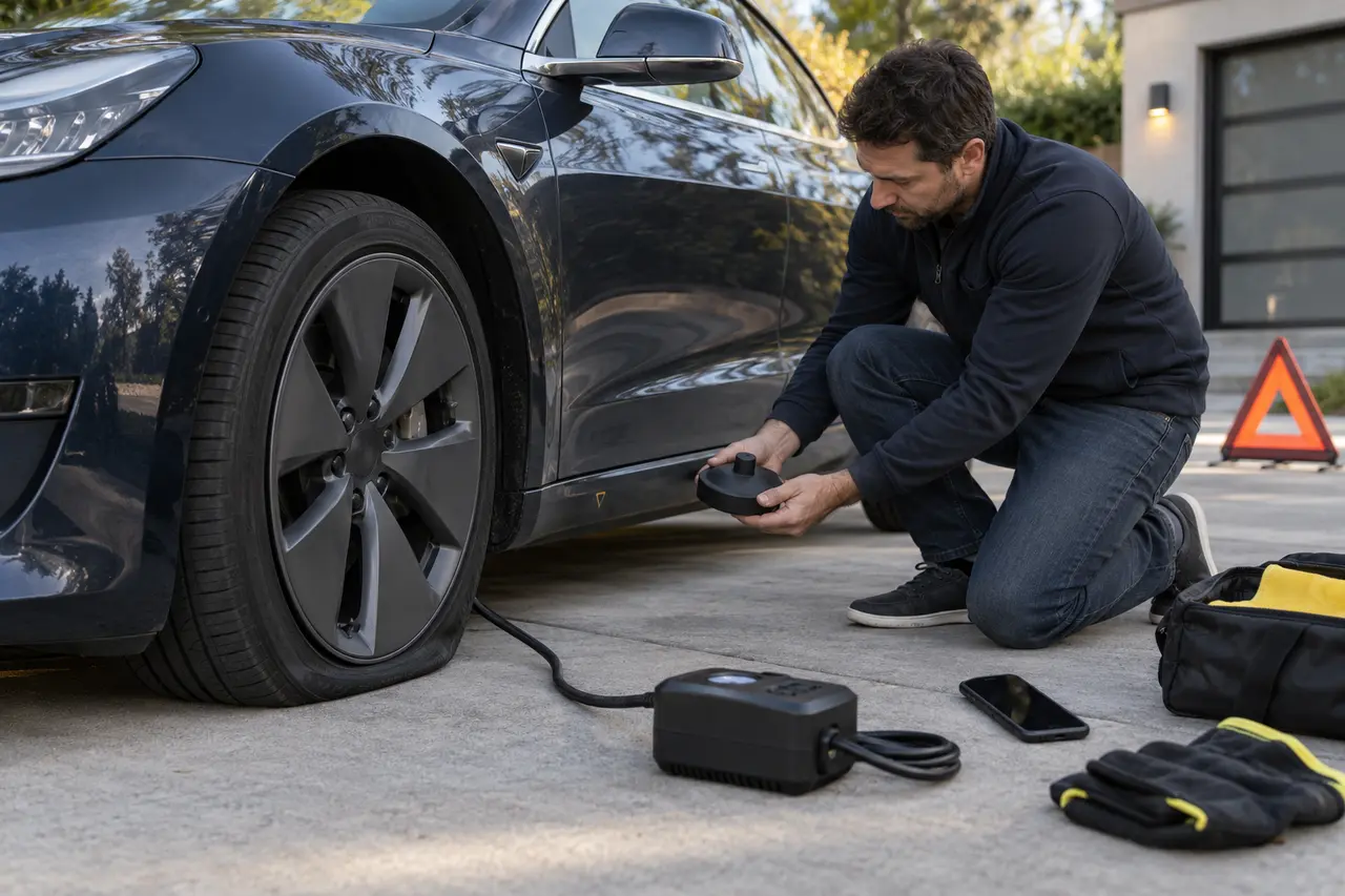 Owner holds a dedicated lift-point pad beside a modern electric sedan with inflator and roadside phone nearby