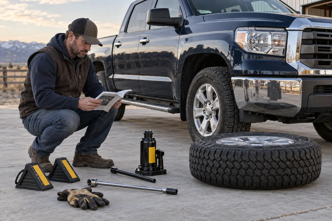 Pickup driver checks a heavy-duty bottle jack, large spare, chocks, wrench, and owner manual on level ground