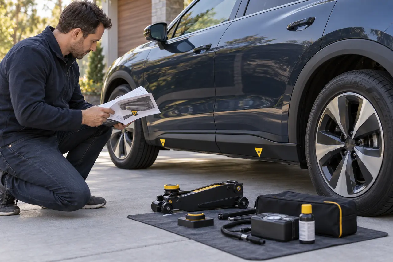 EV owner checks the manual, lift-point markers, rated jack, jack pad, and tire equipment before lifting