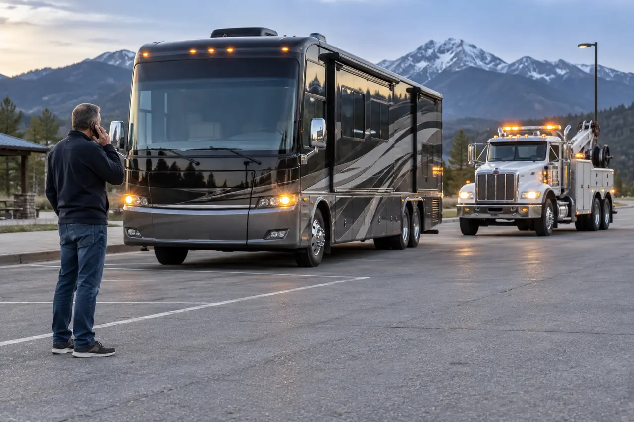 Motorhome owner calls for professional heavy-duty roadside service in a broad level rest-area bay