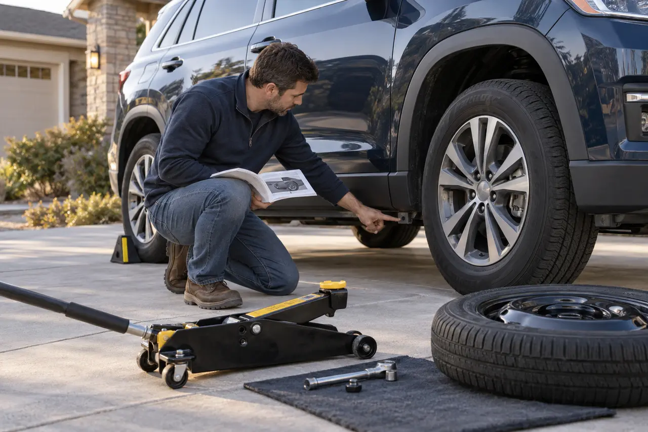 Driver checks the owner manual and points to the approved lift point on a chocked SUV before using a rated jack