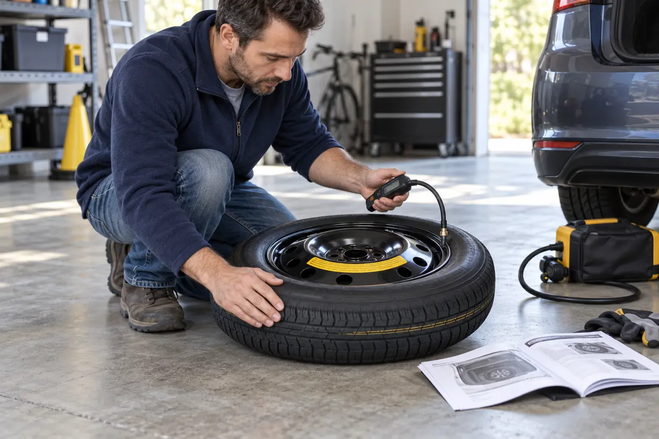 Driver checks compact spare pressure, date code, tread, sidewall, wheel, valve, jack, wrench, and lock key