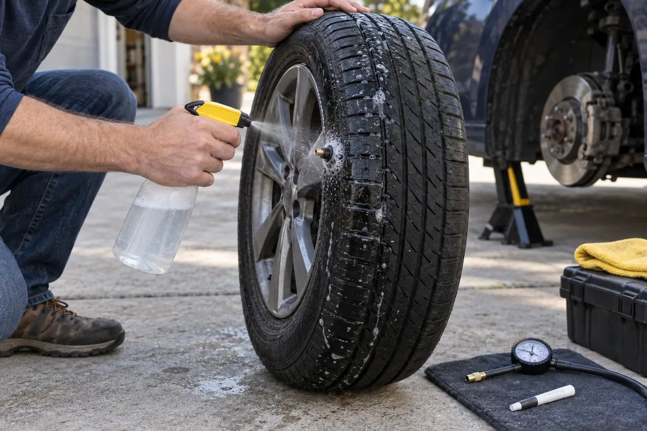 Person applies approved leak-detection solution to tire tread, valve, bead, and wheel while watching for bubbles