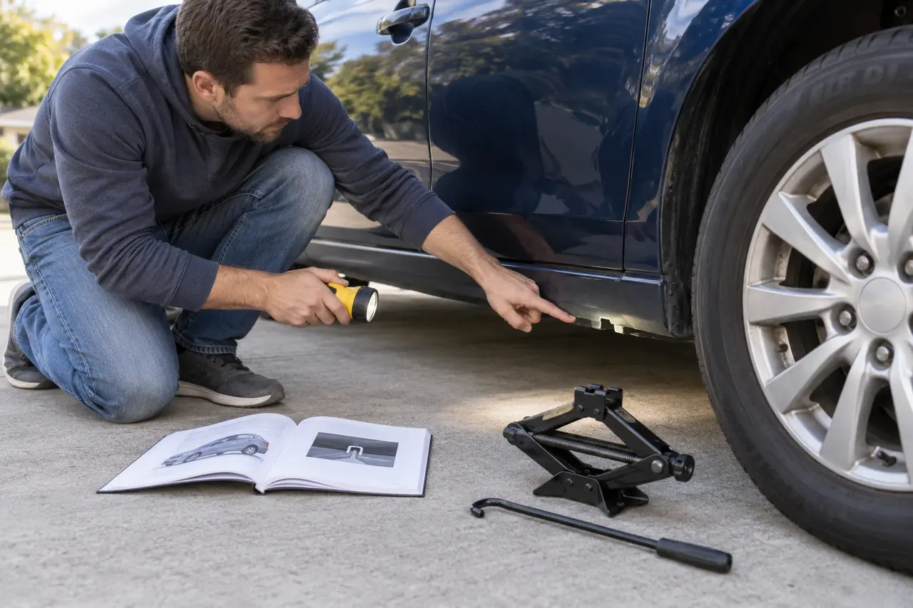 Driver kneeling safely beside a passenger car and using a flashlight and open owner manual to identify a marked reinforced pinch-weld jack point