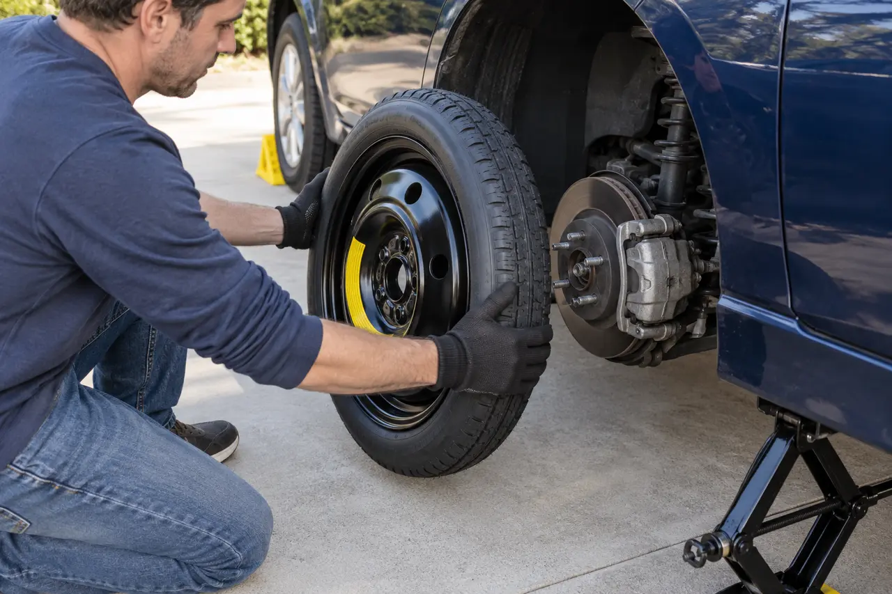 Driver aligning a compact spare wheel with the exposed hub and studs of a safely raised and chocked passenger car