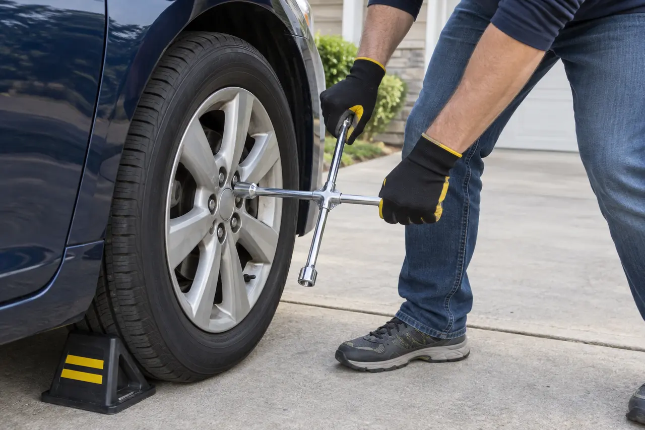 Driver using a four-way lug wrench squarely on a passenger-car wheel fastener while the tire remains on level ground and the vehicle is chocked