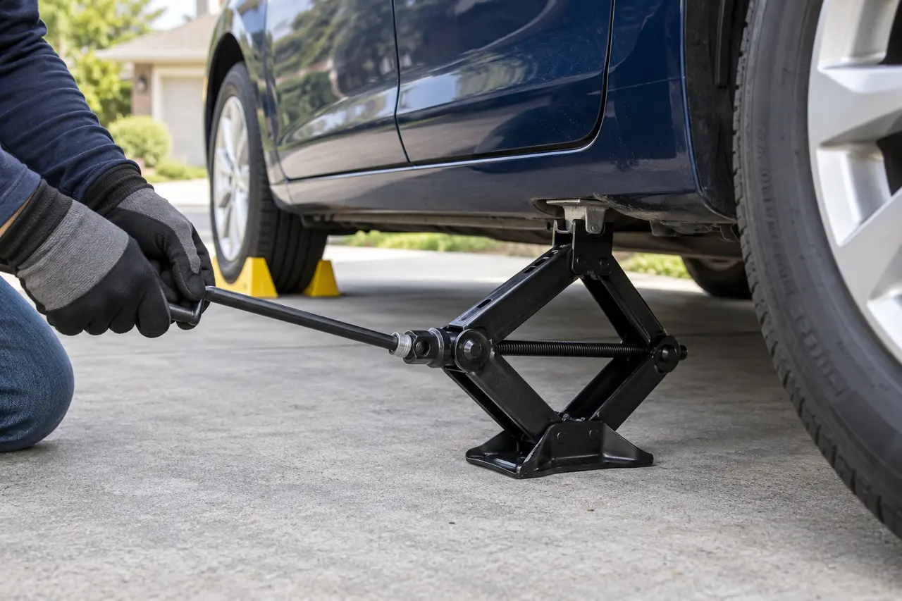 Gloved driver turning a scissor jack aligned under the reinforced pinch-weld jack point of a passenger car on a level driveway with wheel chocks visible