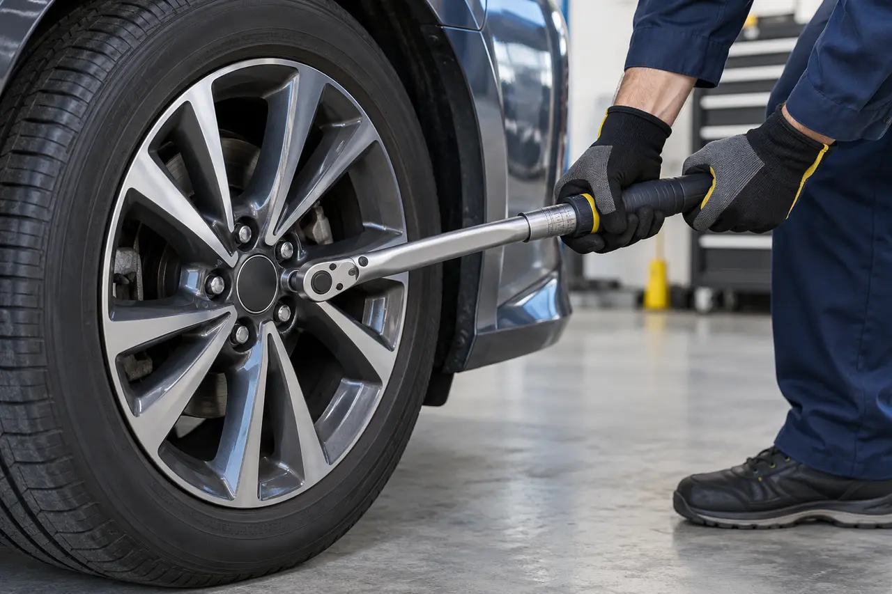 Gloved technician using a click-type torque wrench squarely on a passenger-car wheel fastener while the vehicle rests on a level garage floor