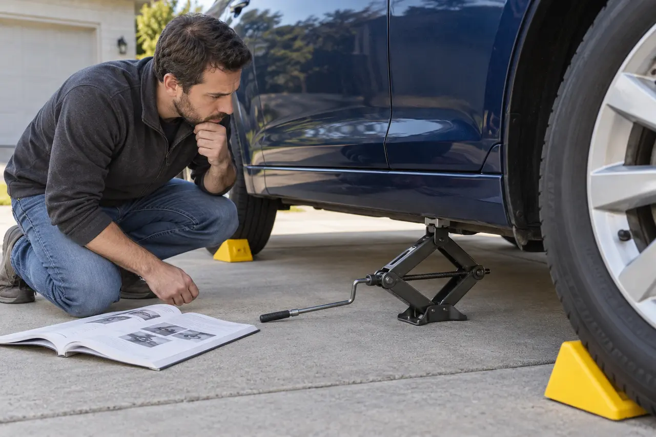 Driver safely inspecting a scissor jack that is lightly contacting the approved lift point but not raising the vehicle on a chocked level driveway