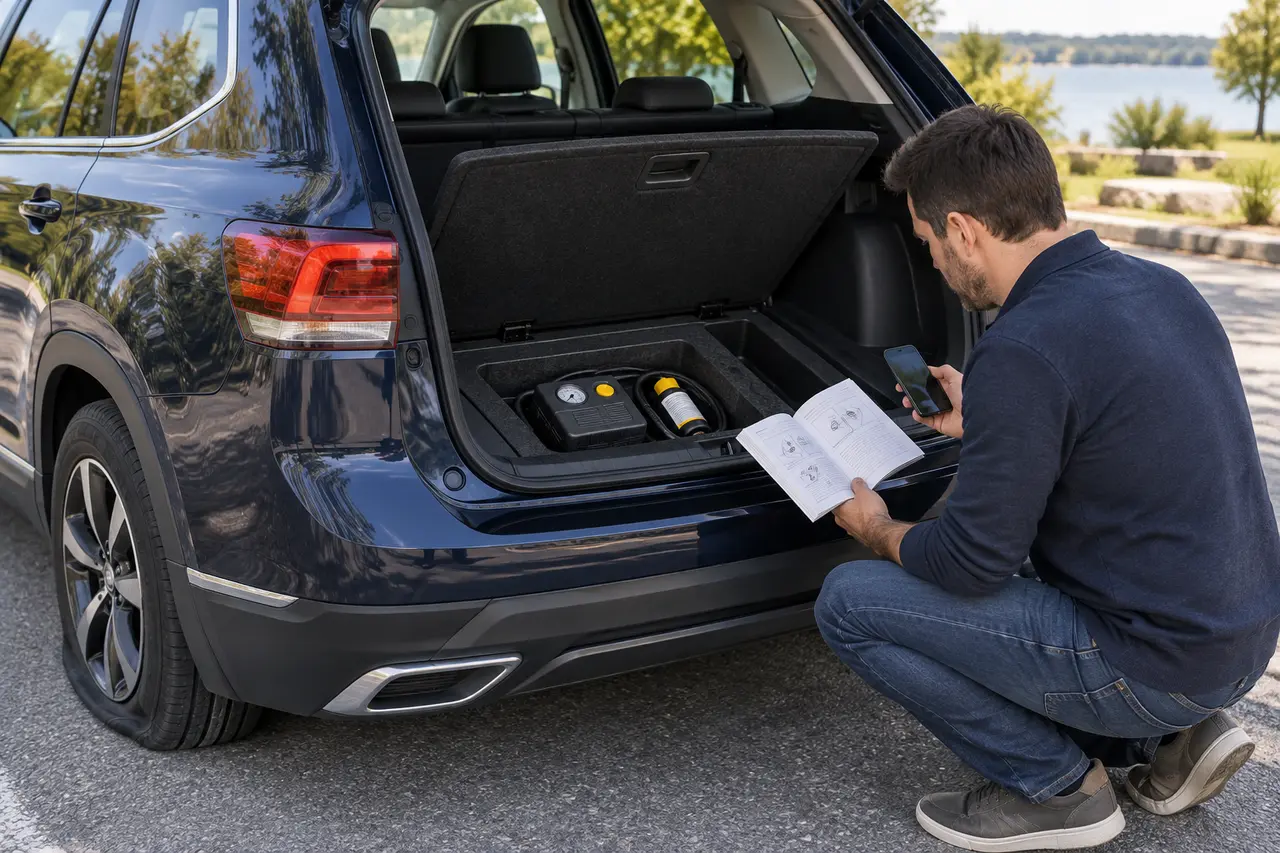 Driver checking the owner manual beside an underfloor cargo tray containing a tire inflator and sealant kit instead of a spare