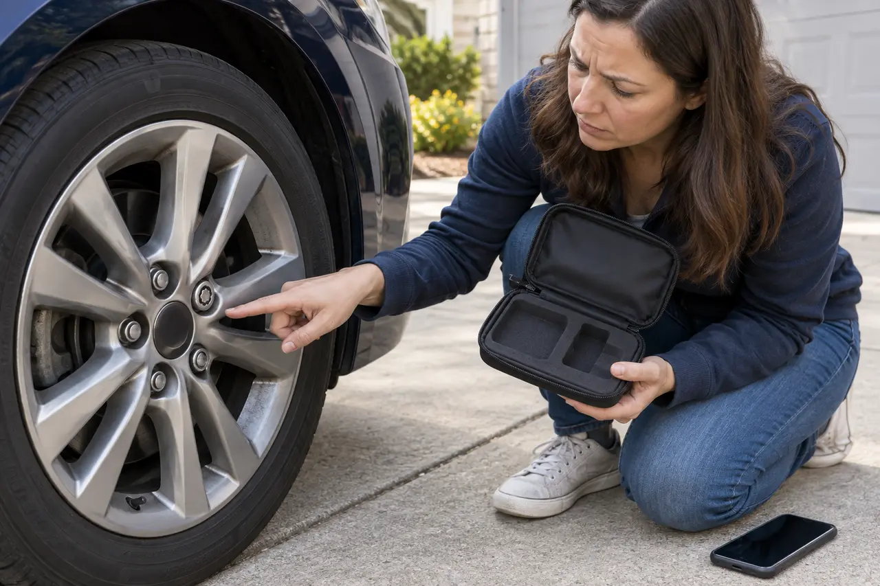 Driver pointing to a patterned locking lug nut while holding an empty fitted tool pouch with no wheel-lock key inside