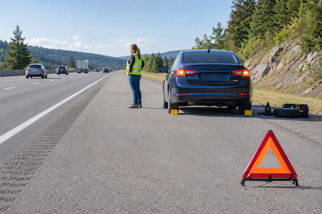 Car positioned on a wide level shoulder with hazard lights, wheel chocks, warning triangle, reflective vest, and tire-change tools