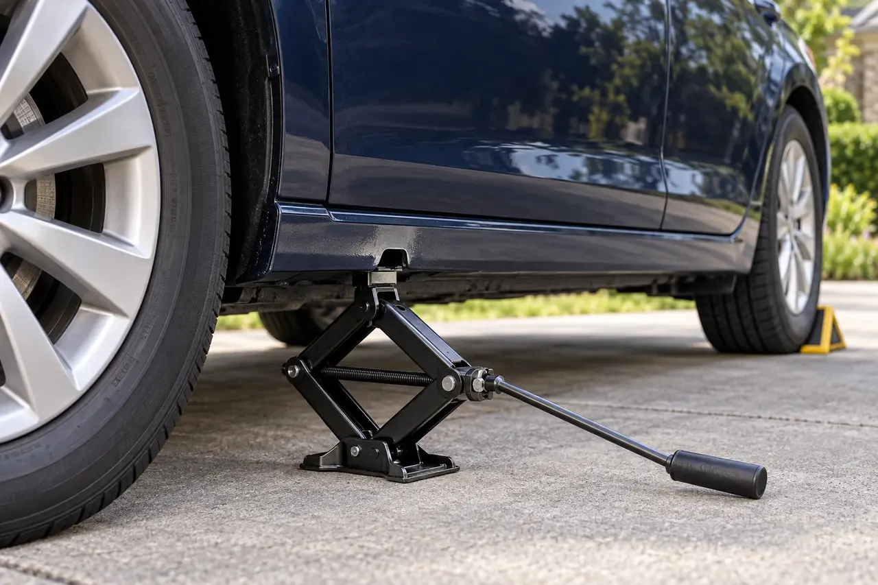 Illustration of a scissor jack aligned beneath a reinforced vehicle jack point on level pavement