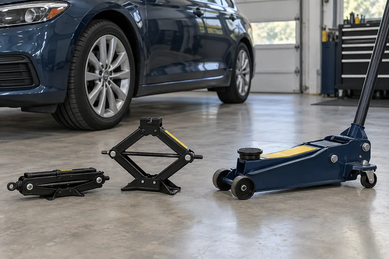 Scissor jack in folded and open positions beside a low-profile hydraulic floor jack on a clean level garage floor near a passenger car