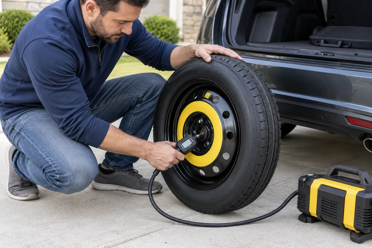 Driver checking the cold inflation pressure of a compact spare tire with a digital gauge beside a portable inflator