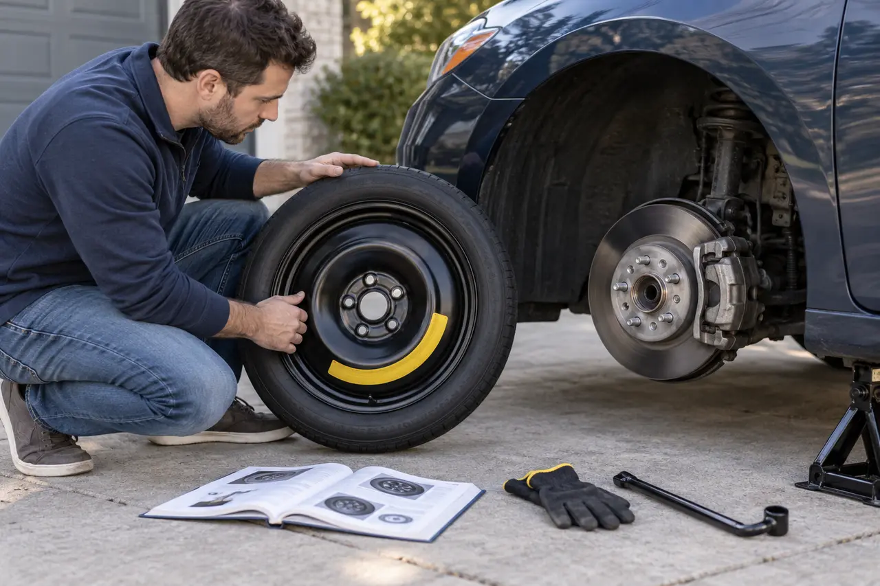 Driver compares an incompatible spare wheel with the car hub, bolt holes, brake caliper, and owner manual