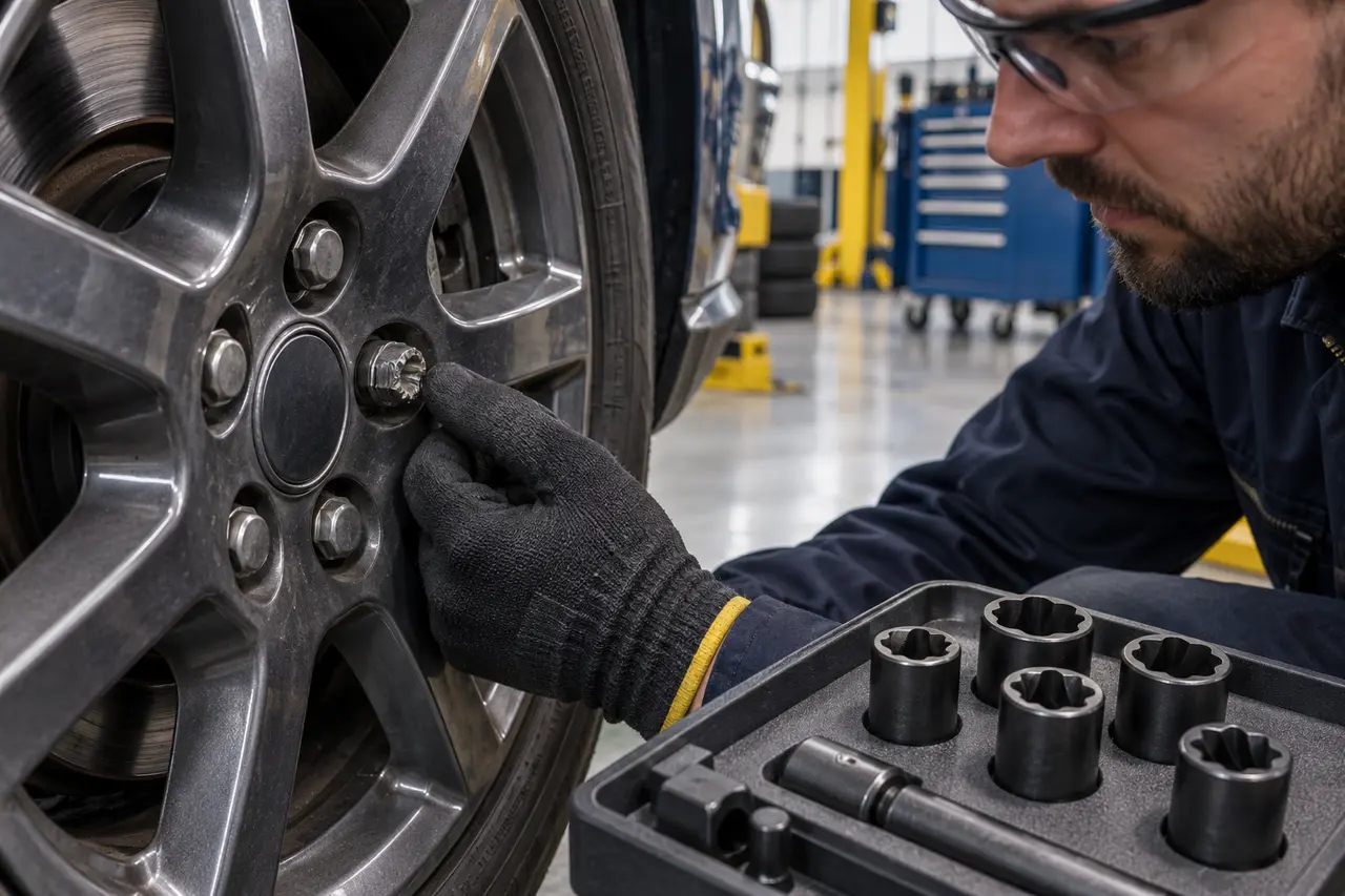 Technician inspecting a rounded stripped lug nut beside a set of dedicated extraction sockets in a clean service bay