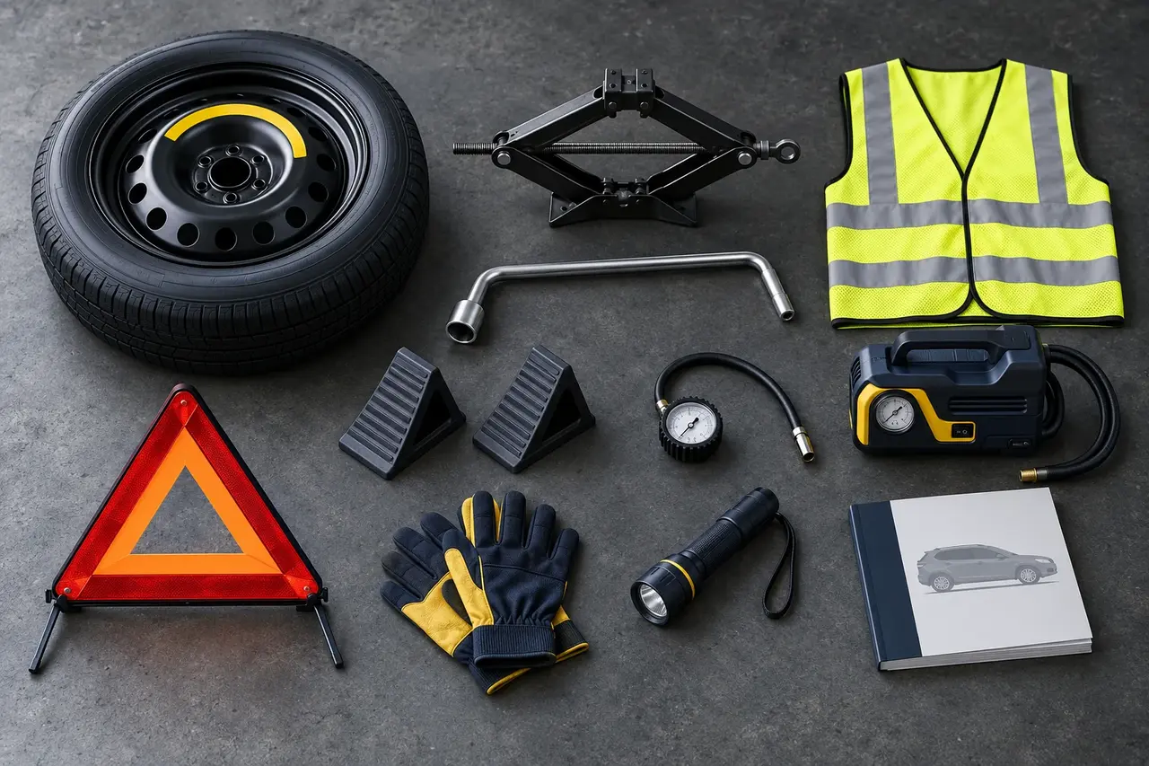 Illustrated tire-changing kit with a compact spare, scissor jack, lug wrench, wheel chocks, pressure gauge, inflator, safety vest, warning triangle, gloves, flashlight, and owner manual
