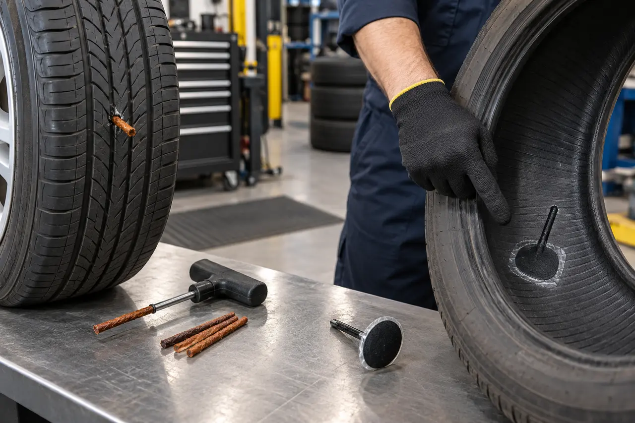 Cutaway tire display shows an internal patch and plug combination sealing an eligible tread puncture