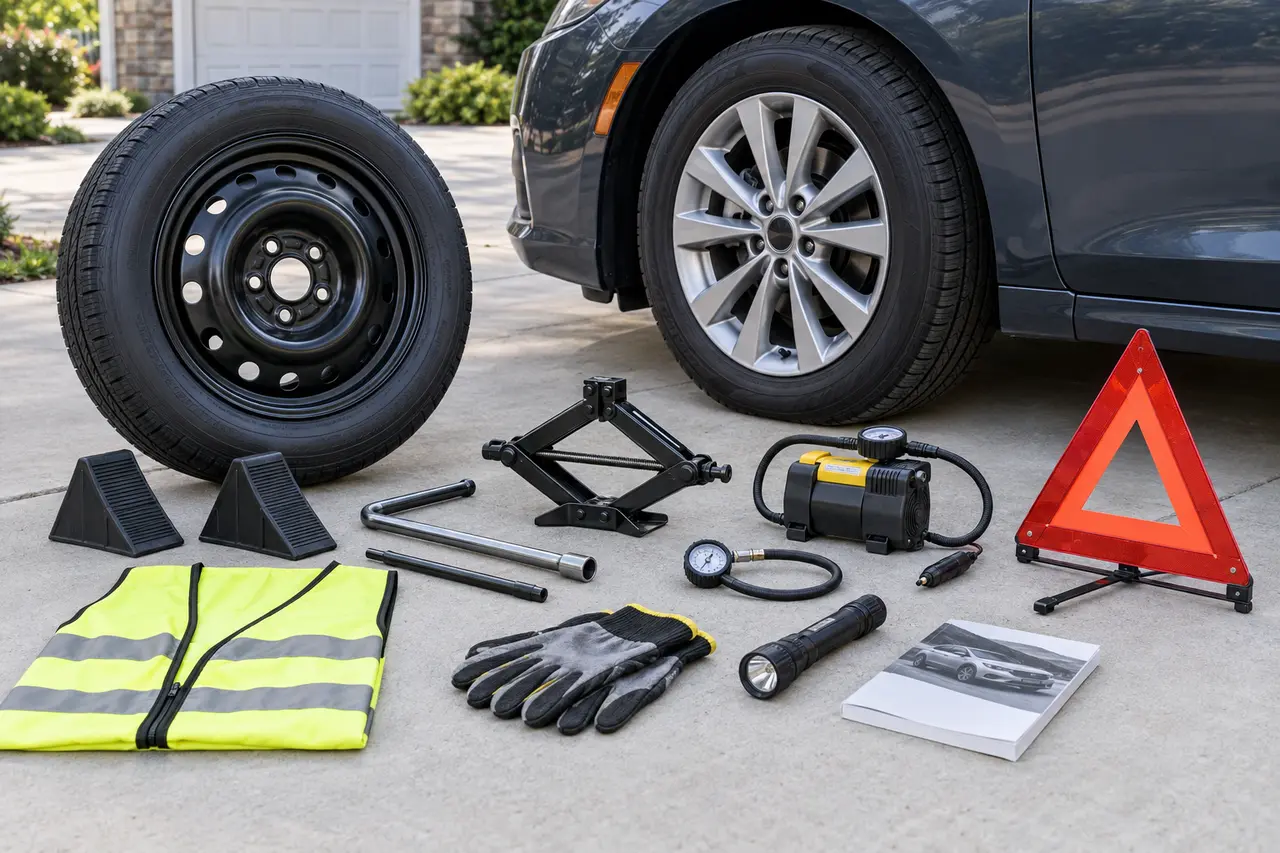 Spare tire, scissor jack, lug wrench, wheel chocks, gloves, pressure gauge, flashlight, warning triangle, and owner manual arranged on a driveway