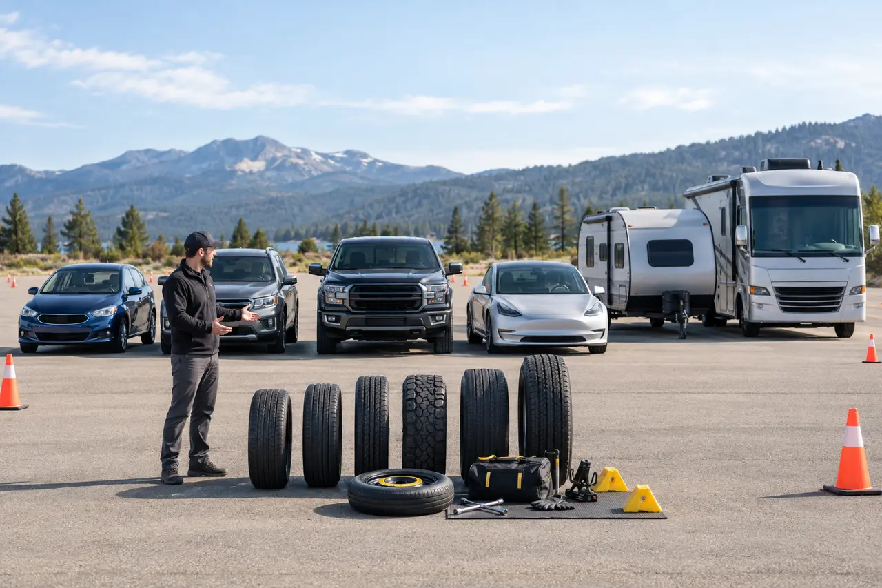 SUV, pickup, electric car, trailer, and RV parked in a clean service area with tire-change equipment