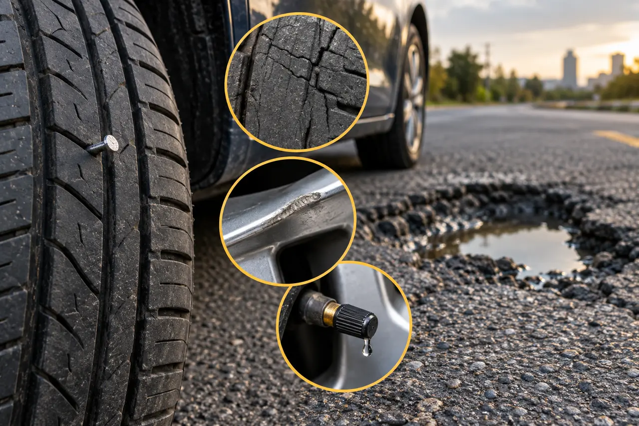 Clear workshop display of a nail puncture, cracked valve, bent wheel edge, sidewall cut, and worn tire