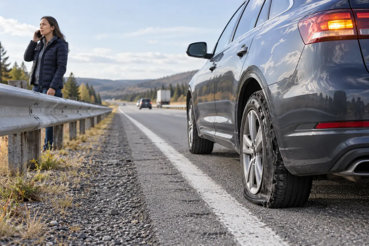 Car safely stopped on a wide shoulder after a blowout while the driver waits behind a guardrail and calls for help