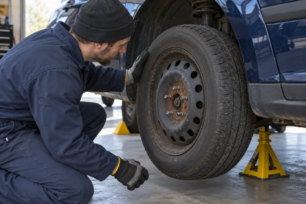 Technician safely inspecting a wheel that remains stuck against a rusty hub after the fasteners have been removed