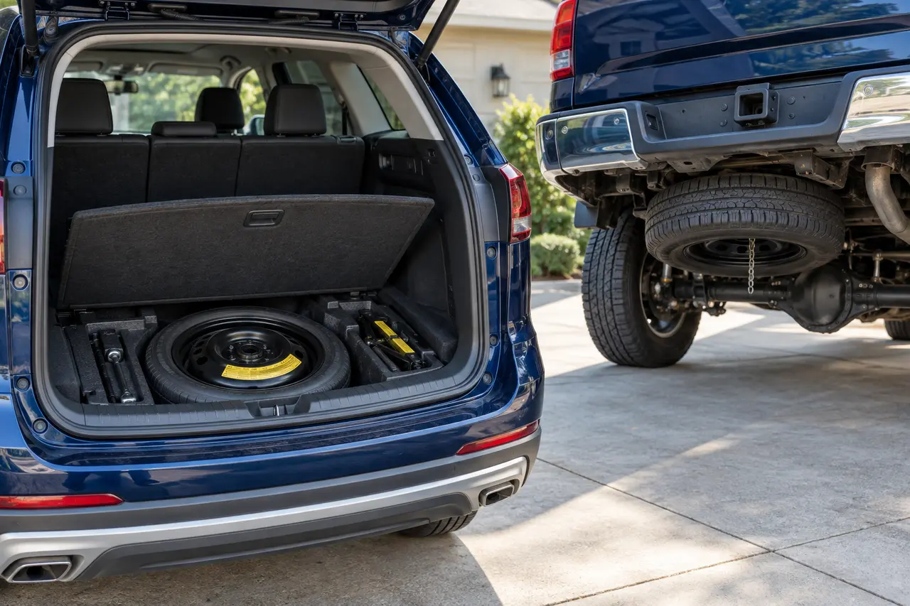 SUV cargo well with a compact spare beside a pickup-style underbody spare carrier on a clean driveway