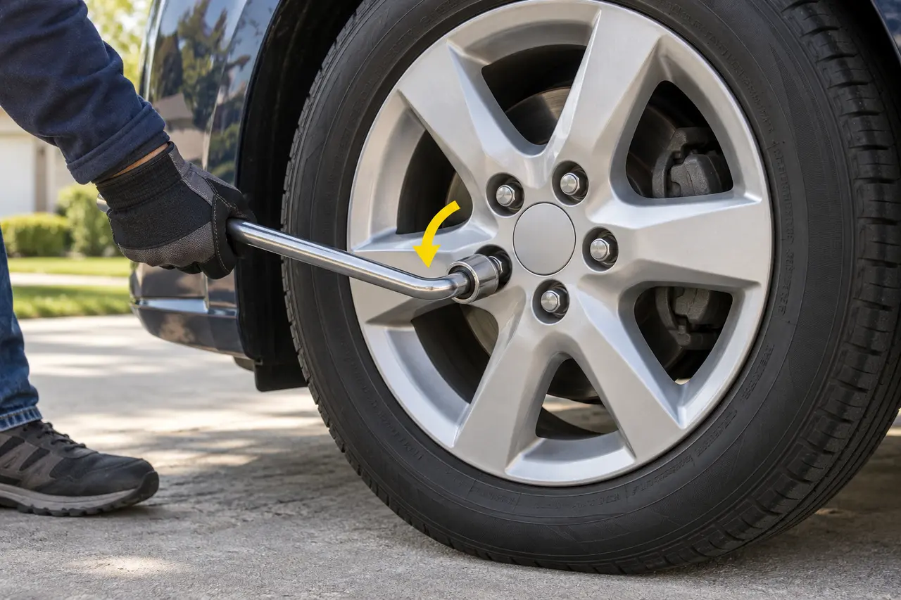 Close view of a lug wrench turning counterclockwise on a clearly marked standard wheel lug nut
